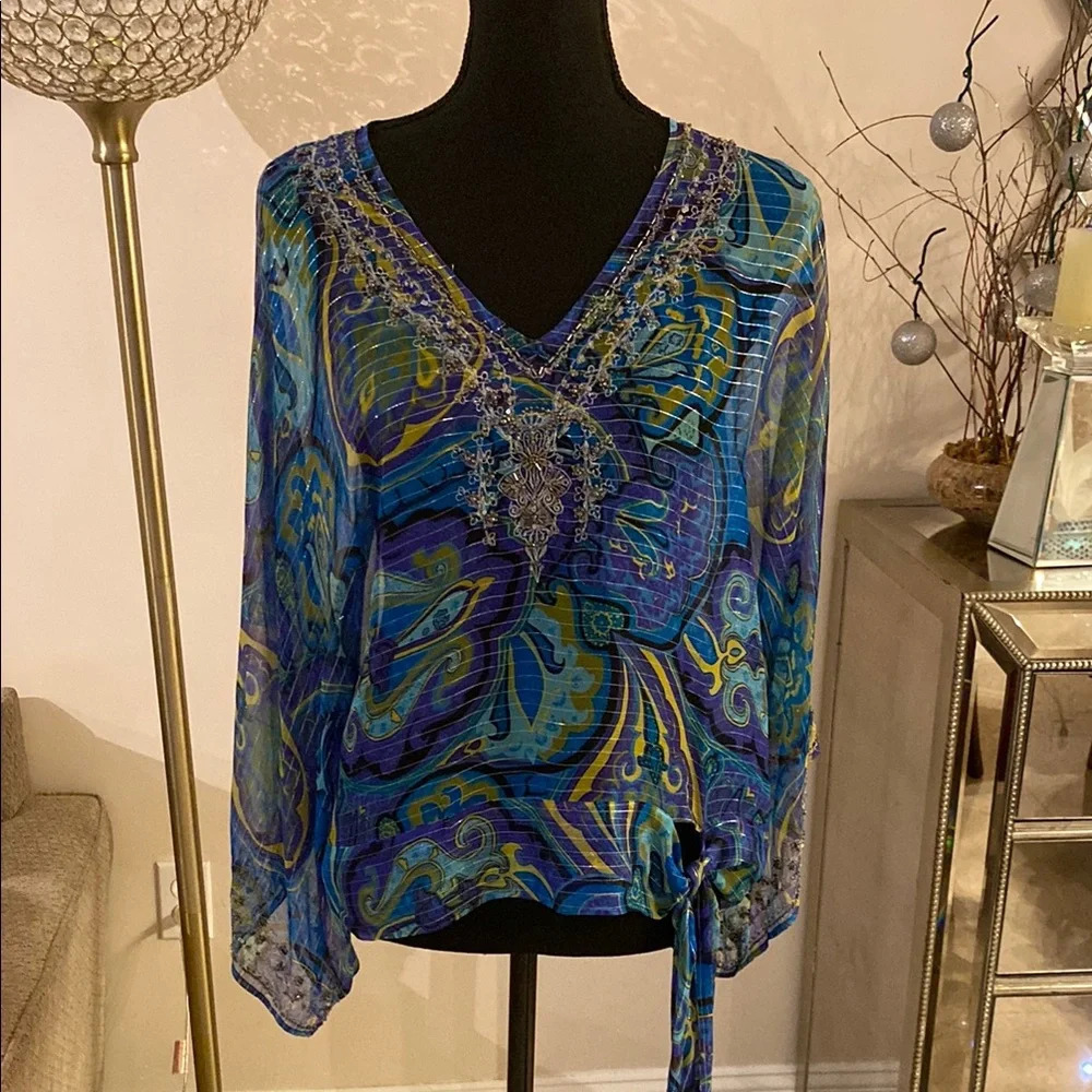 Cache Multicolored V-Neck Long Sleeve Blouse size medium